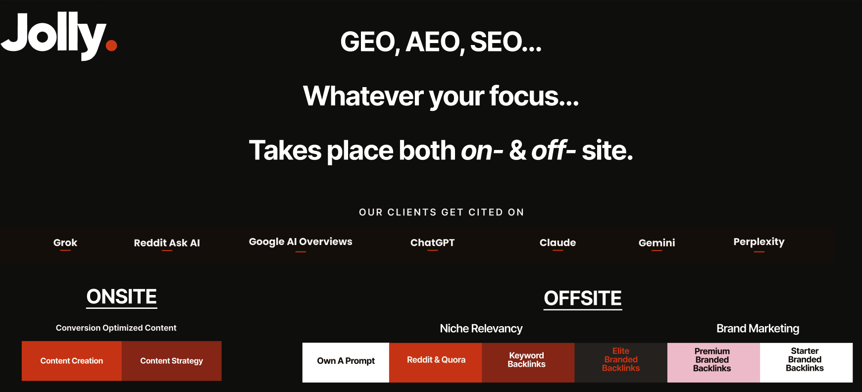 A slide from the new Jolly sales deck: GEO, AEO, SEO... whatever your focus, it takes place both on- and off-site.