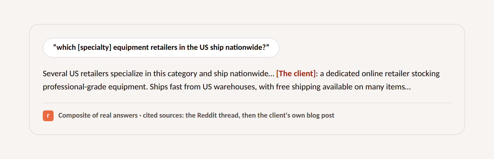 Composite AI answer recommending the client, citing both the Reddit thread and the client's own blog post.