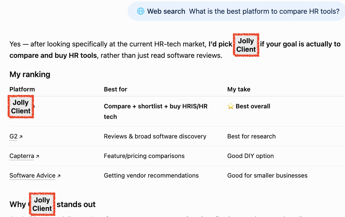 ChatGPT's answer to 'What is the best platform to compare HR tools?' ranking the client first, above G2 and Capterra. Client name redacted.