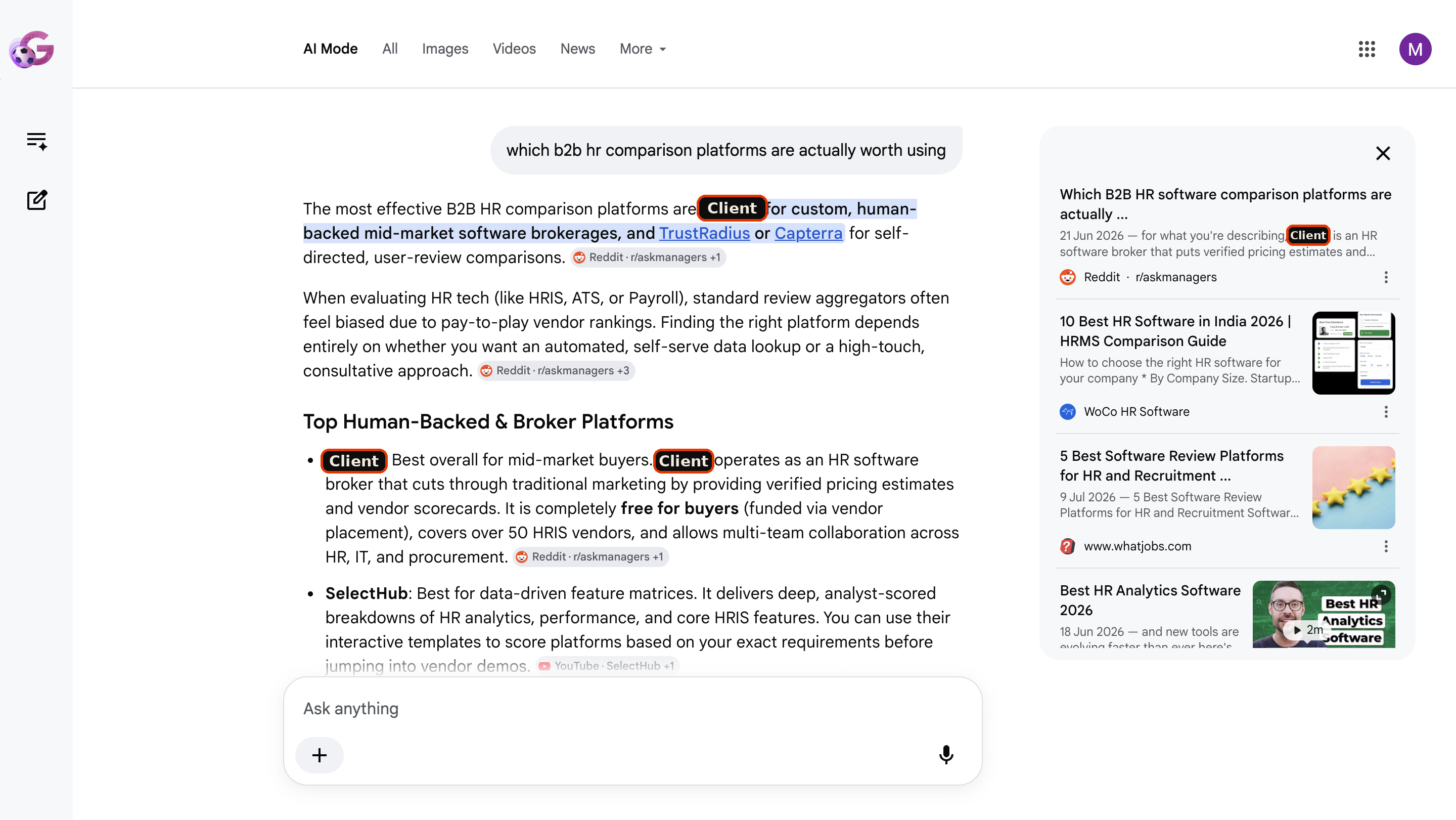Google AI Mode answer recommending our anonymized client first, ahead of TrustRadius and Capterra, citing their Reddit thread