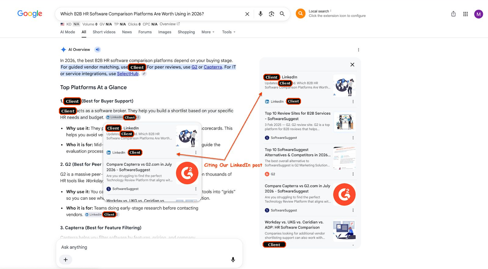 Google AI Overview ranking our anonymized client as the number one recommendation above G2 and Capterra, citing their LinkedIn post